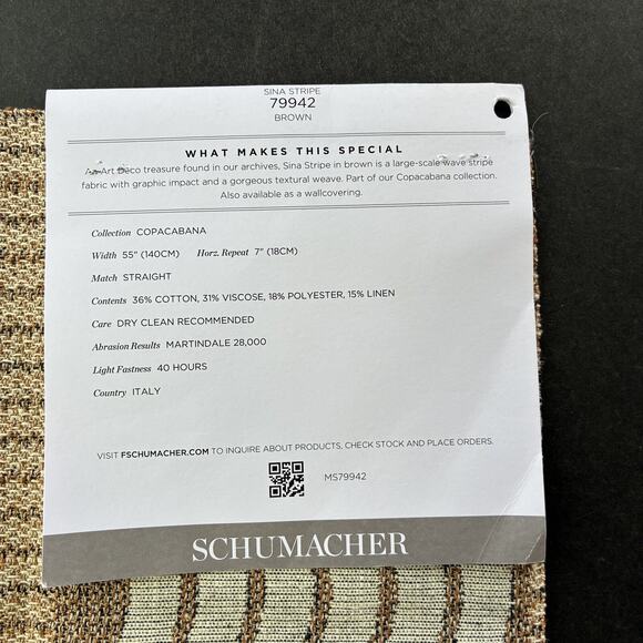 Schumacher Fabric Sample Sina Stripe Brown 79942 11 1/2" x 11 1/2" Copacabana - Picture 6 of 7